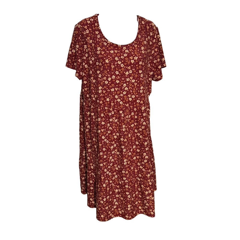 Pink Rose Dress Red Floral Shift Scoop Neck Short Sleeve Polyester Women Size OX
